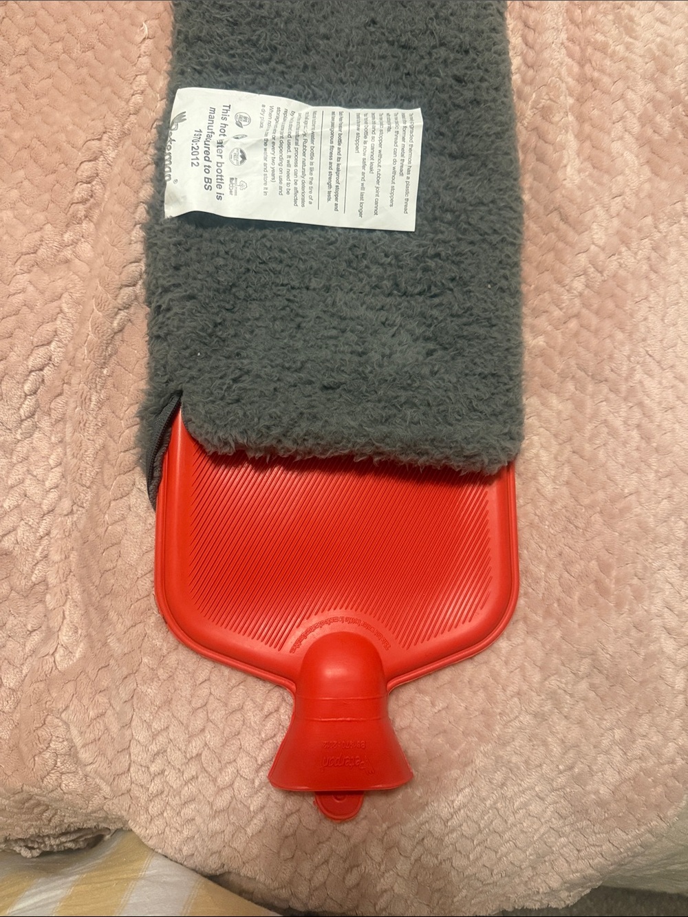Plush Gray Hot Water Bottle Cover with Red Hot Water Bottle